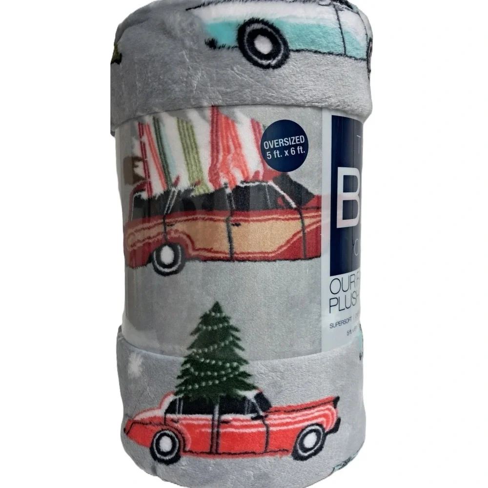 Christmas Plush Throw Blanket 5' x 6', Soft‎ and Cozy, Gray, Multicolor Trucks